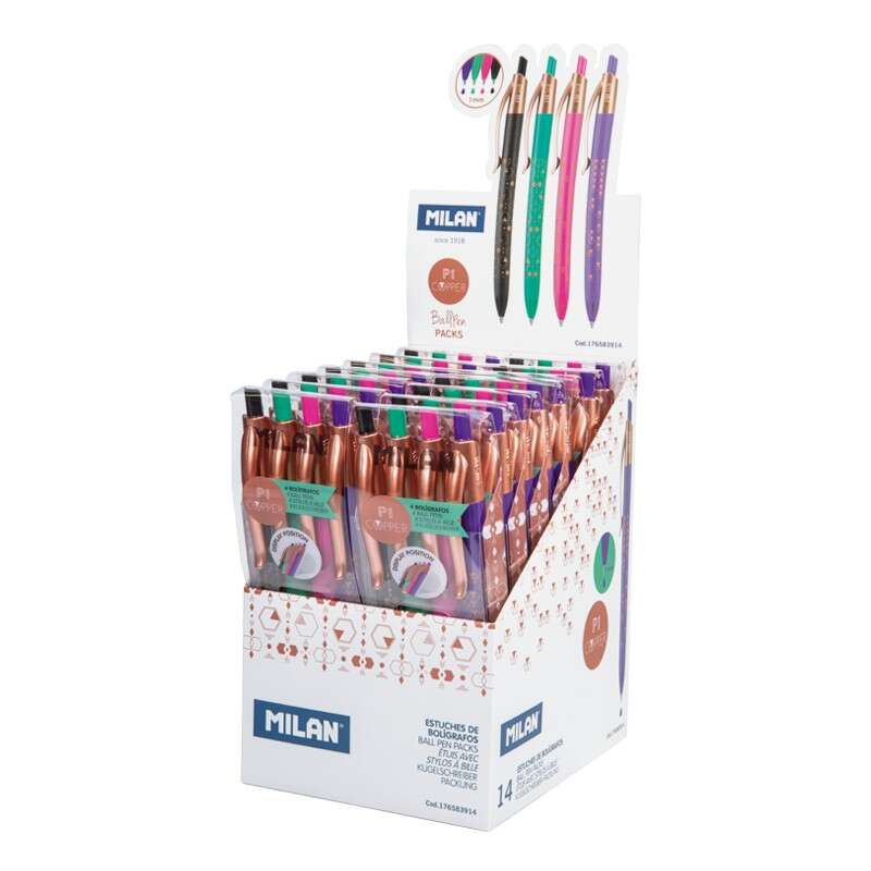 Milan P1 Copper Expositor de 14 Packs de 4 Boligrafos de Bola Retractiles - Punta redonda 1mm - Tact