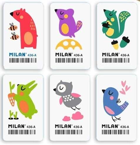 Milan 436A Goma de Borrar Rectangular Flexible - Miga de Pan - Caucho Sintetico - Dibujos Infantiles - Dibujos Surtidos - Cantidad: 36