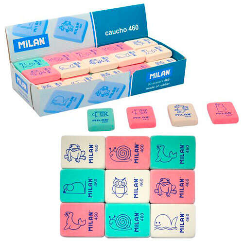 Milan 460 Goma de Borrar Rectangular Flexible - Miga de Pan - Caucho Sintetico - Dibujos Infantiles - Colores Surtidos - Cantidad: 60