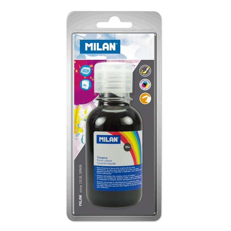 Milan Botella de Tempera 125 ml - Tapon Dosificador - Secado Rapido - Mezclable - Color Negro - Cantidad: 3
