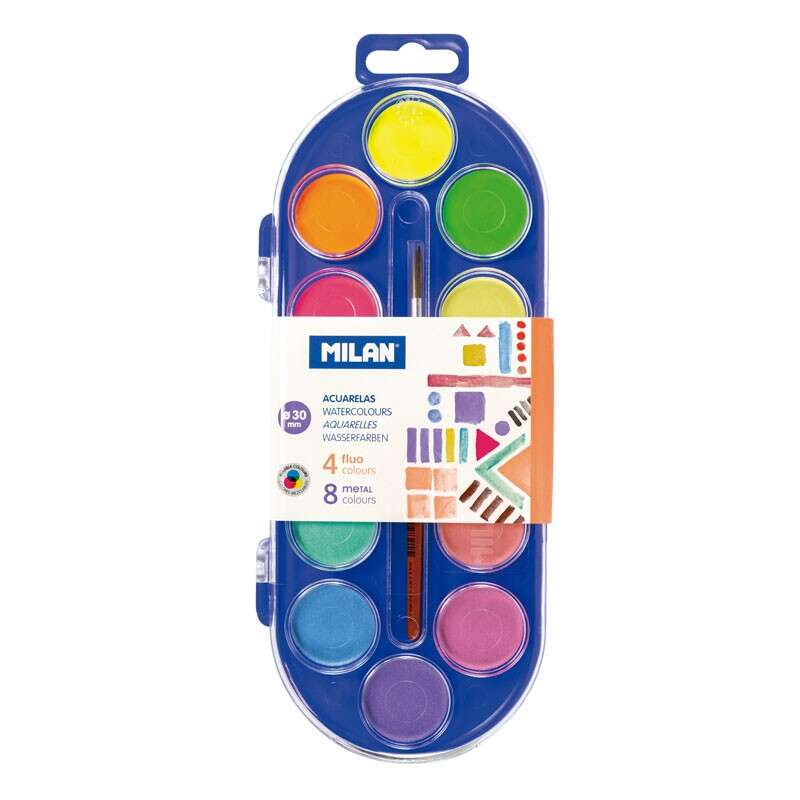 Milan Estuche de 12 Acuarelas Ø30 mm + Pincel Serie 101 - Mezclable - Colores Fluorescentes y Metalizados