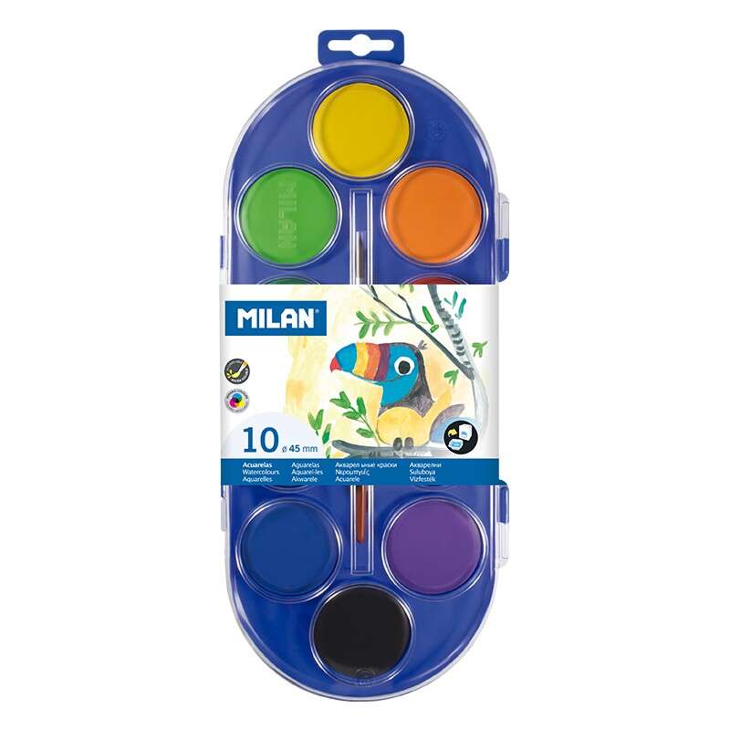 Milan 80009 Estuche de 10 Acuarelas Ø45 mm + Pincel Serie 101 - Mezclable - Colores Surtidos