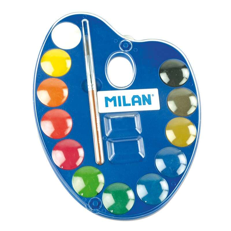 Milan 053412 Paleta de 12 Acuarelas Ø25 mm + Pincel Serie 101 - Mezclable - Colores Surtidos