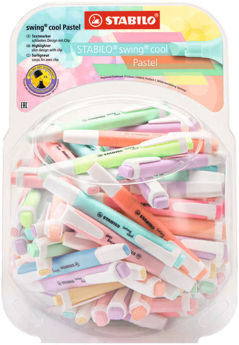 Stabilo Swing Cool Pastel Expositor de 100 Marcadores Fluorescentes - Cuerpo Plano - Punta Biselada