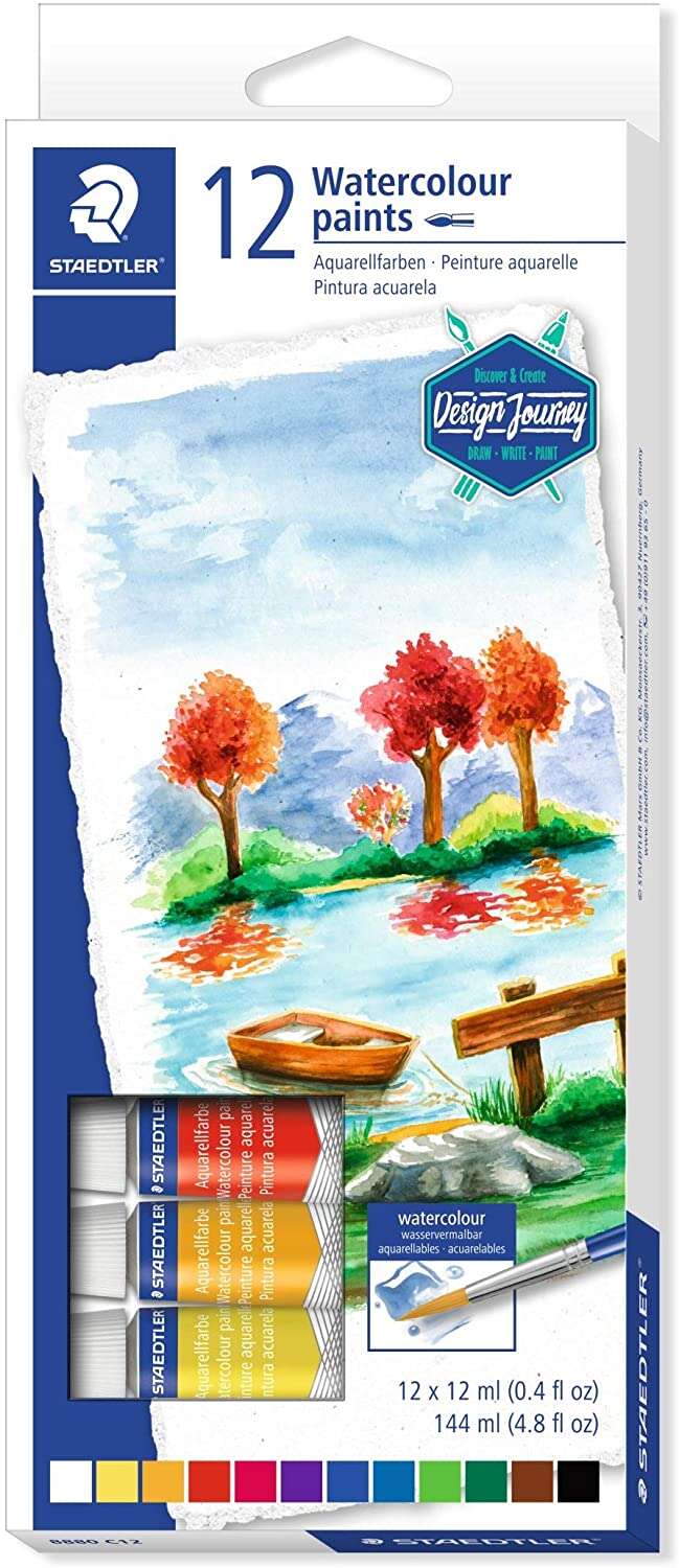 Staedtler Pack de 12 Tubos de Acuarela 12ml - Colores Brillantes - Usar en Papel Acuarela o Cartulina - Colores Surtidos