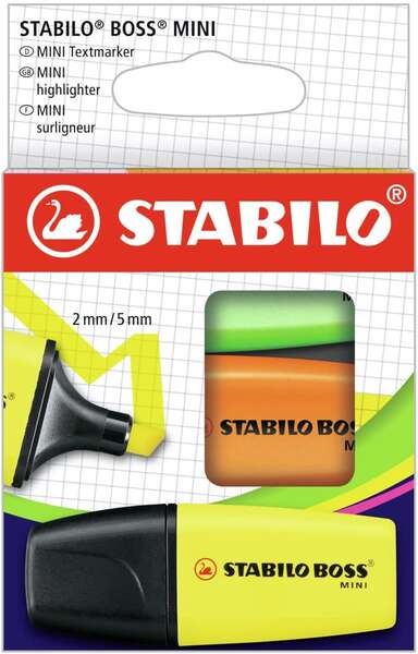 Stabilo Boss Mini Pack de 3 Marcadores Mini Fluorescentes - Trazo entre 2 y 5mm - Tinta con Base de