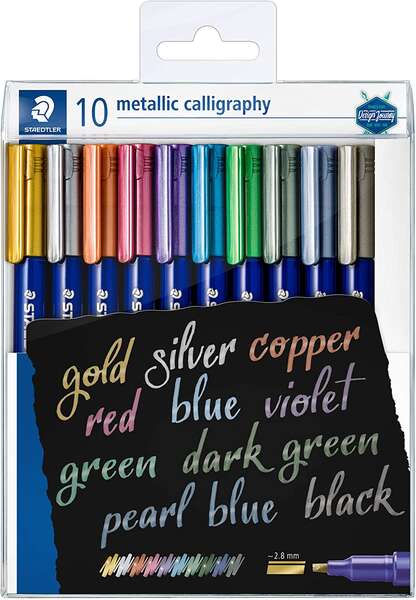 Staedtler Metallic Calligraphy Pack de 10 Rotuladores para Caligrafia - Trazo 2.8mm - Colores Surtidos