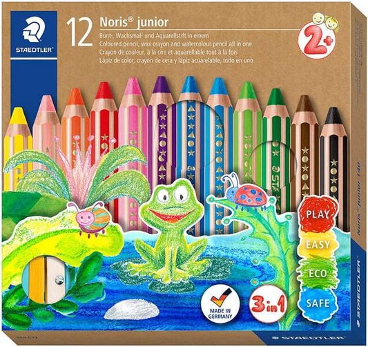 Staedtler Noris Junior Pack de 12 Lapices de Colores Extragruesos + Sacapuntas - 3 en 1, Lapiz, Cera y Acuarelable - Colores Surtidos
