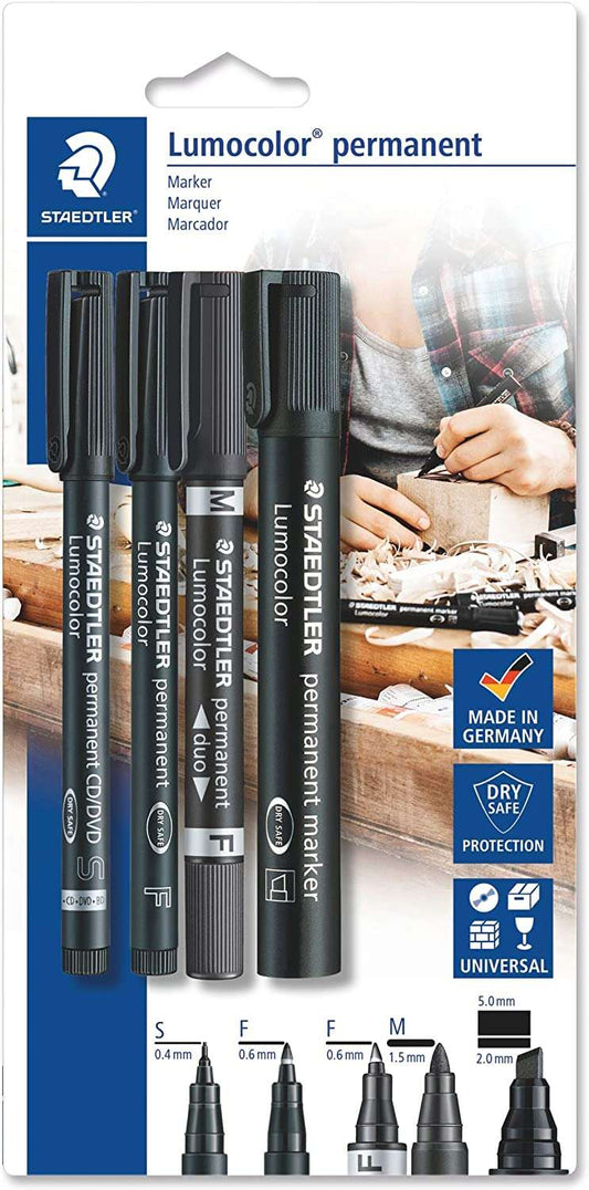 Staedtler Lumocolor Permanent Pack de 4 Rotuladores Permanentes - Diferentes Puntas - Resistente al