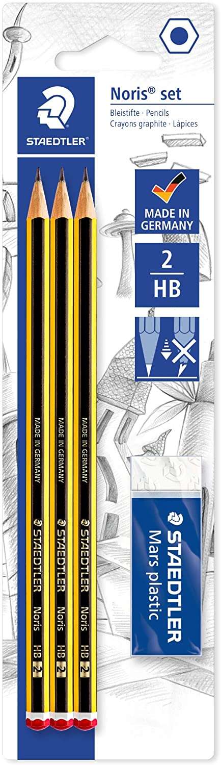 Staedtler Noris 120 Pack de 3 Lapices de Grafito Hexagonales 2HB + 1 Gomas de Borrar Mars Plastic -