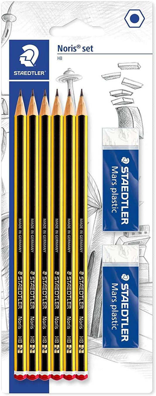 Staedtler Noris 120 Pack de 6 Lapices de Grafito Hexagonales 2HB + 2 Gomas de Borrar Mars Plastic -