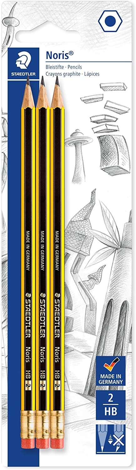 Staedtler Noris 122 Pack de 3 Lapices de Grafito Hexagonales 2HB con Goma - Resistencia a la Rotura