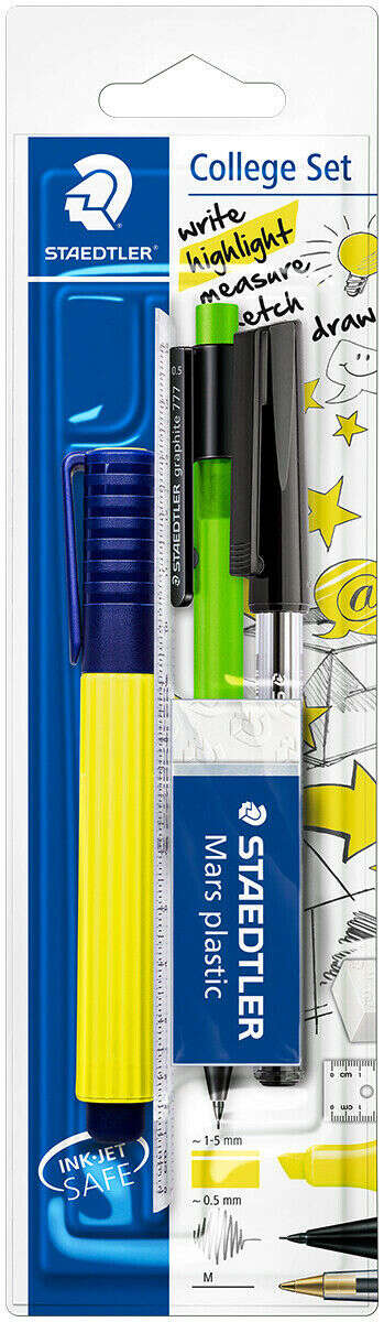 Staedtler Pack Escolar Compuesto por 1 Marcador Amarillo + 1 Goma de Borrar + 1 Boligrafo Negro + 1