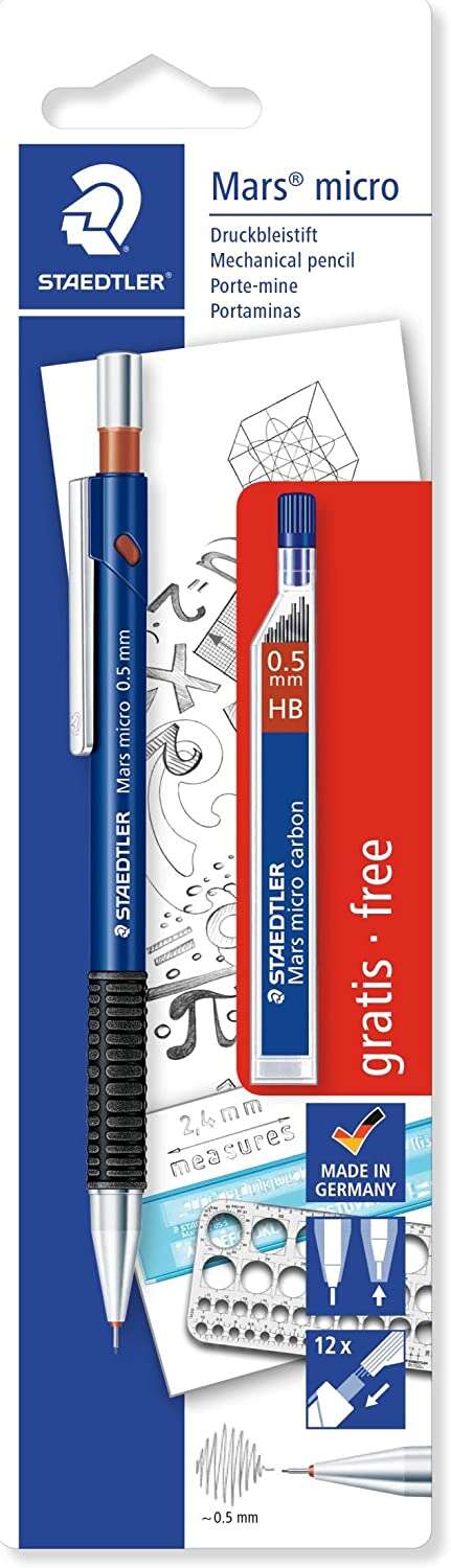 Staedtler Mars Micro Pack de 1 Portaminas 0.5mm + 1 Tubo de 12 Minas - Minas HB - Zona de Agarre de