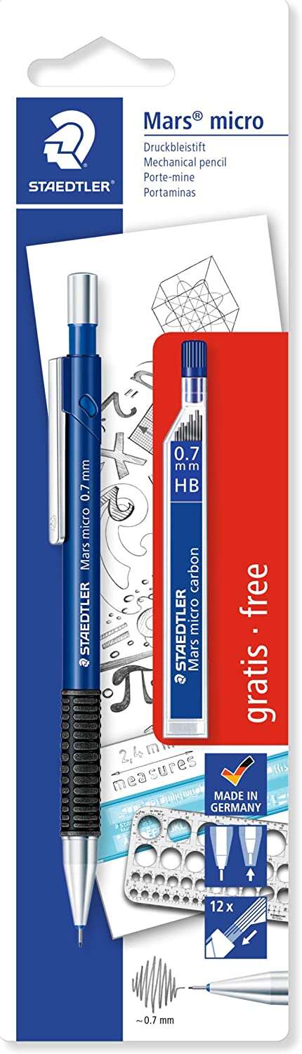 Staedtler Mars Micro Pack de 1 Portaminas 0.7mm + 1 Tubo de 12 Minas - Minas HB - Zona de Agarre de