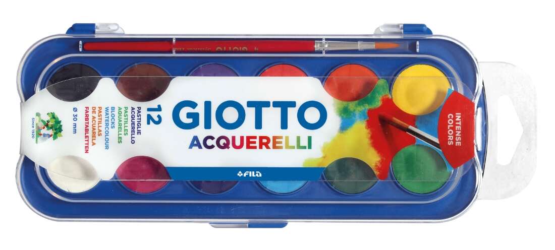 Giotto Estuche de 12 Acuarelas de 30mm + Pincel - Colores Brillantes, Intensos y Vivos - Muy Cubrien