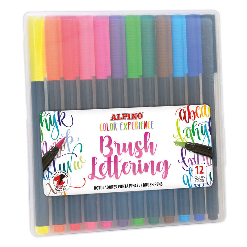 Alpino Color Experience Pack de 12 Rotuladores Brush Lettering - Punta Pincel de 4.55mm - Tinta Base
