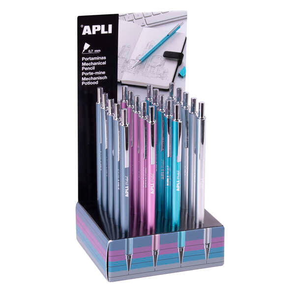 Apli Expositor de 20 Portaminas 0.7mm - Textura Soft - Capuchon y Goma de Borrar - Colores Metalizad