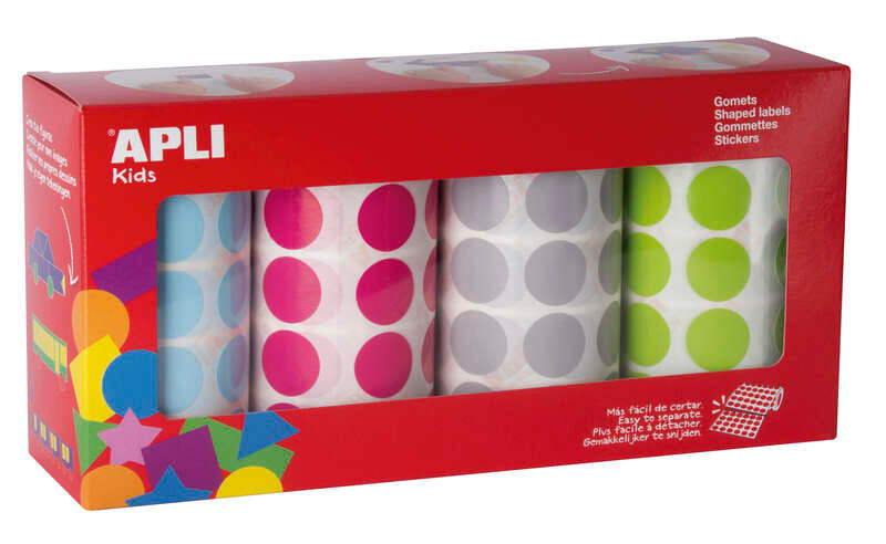 Apli Pack de 4 Rollos de Gomets Redondos Ø 20mm - 1770 Gomets por Rollo - Adhesivo Permanente - 7080 Gomets en Total - Ideales para Escuelas Infantiles - Colores Azul Claro, Fucsia, Gris y Verde Claro