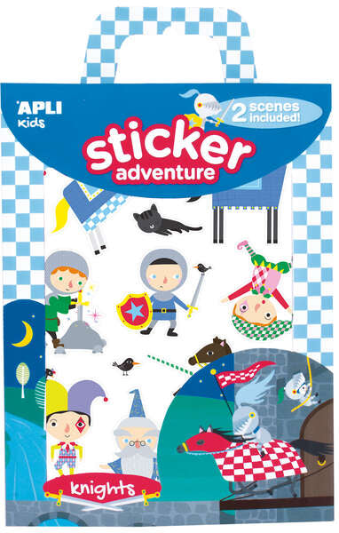 Apli Juego de Pegatinas de Papel Tematica Caballeros - 2 Escenarios 45x20cm - 2 Hojas de Gomets Removibles - Cajita con Asa - Ideal para Viajes - Recomendado +3 Años - Colorido