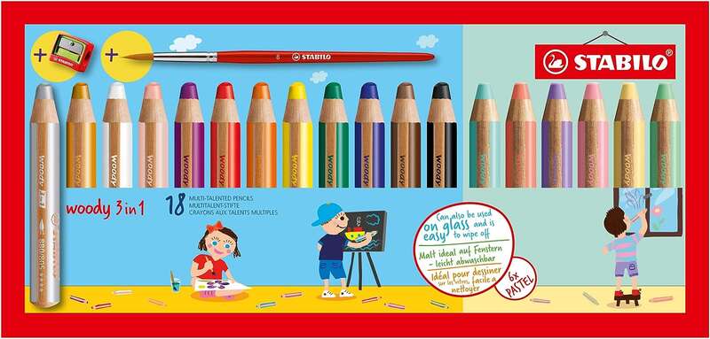 Stabilo Woody 3 en 1 Pack de 18 Lapices de Colores Incluidos Pastel + Sacapuntas + Pincel Nº 8 - Lap