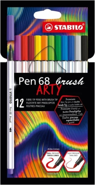 Stabilo Pen 68 Brush Arty Pack de 12 Rotuladores - Punta de Pincel - Tinta a Base de Agua - Colores