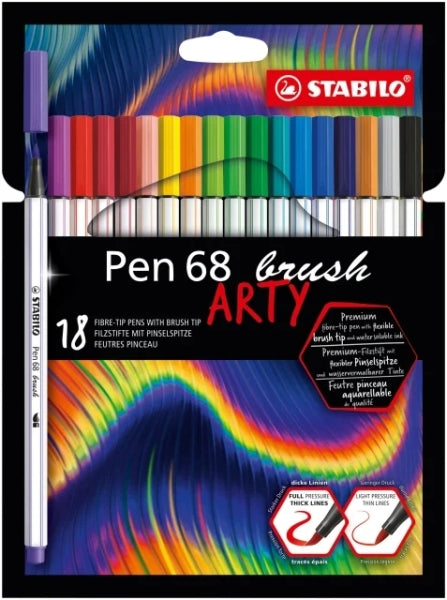 Stabilo Pen 68 Brush Arty Pack de 18 Rotuladores - Punta de Pincel - Tinta a Base de Agua - Colores