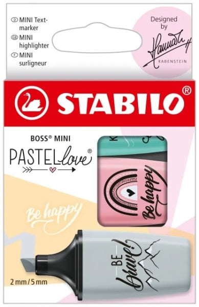 Stabilo Boss Mini Pastellove Pack de 3 Marcadores Fluorescentes - Trazo entre 2 y 5mm - Tinta con Base de Agua - Antisecado - Colores Rosa, Turquesa y Gris