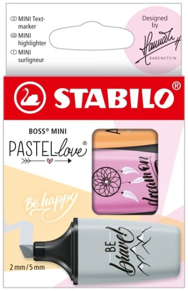 Stabilo Boss Mini Pastellove Pack de 3 Marcadores Fluorescentes - Trazo entre 2 y 5mm - Tinta con Base de Agua - Antisecado - Colores Fucsia, Naranja y Gris