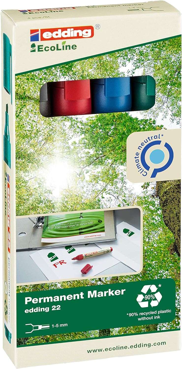 Edding 22 EcoLine Pack de 4 Rotuladores Permanentes - Punta Biselada - Trazo entre 1 y 5mm - 90% de