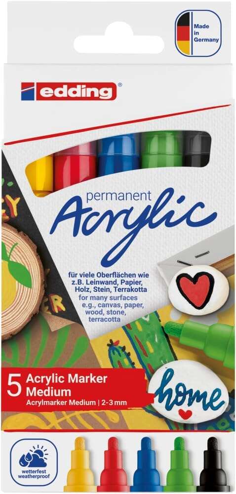 Edding 5100 Acrylic Pack de 5 Rotuladores Permanentes Acrilicos - Punta Redonda 2-3mm - Trazo Medio