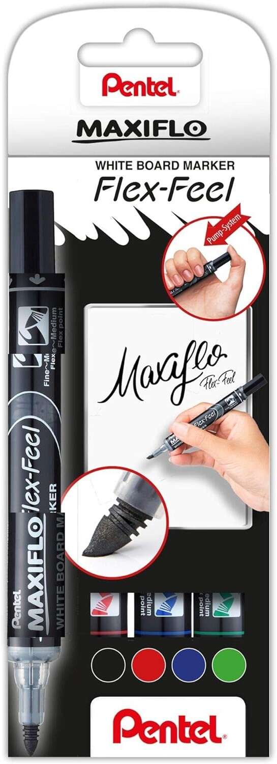Pentel Maxiflo Flex-Feel Pack de 4 Rotuladores para Pizarra Blanca - Punta Flexible 4.6mm - Dosifica
