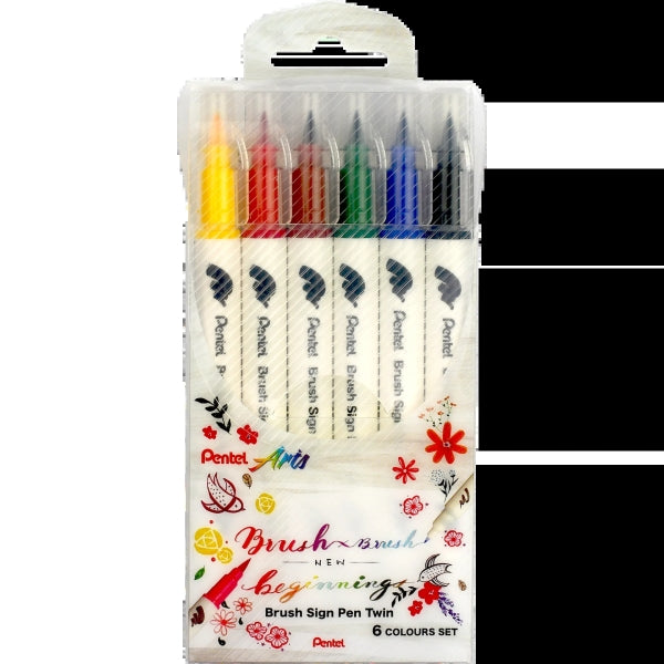 Pentel Brush Sing Pen Twin Pack de 6 Rotuladores con Doble Punta de Pincel Flexible - Punta Ancha 1-