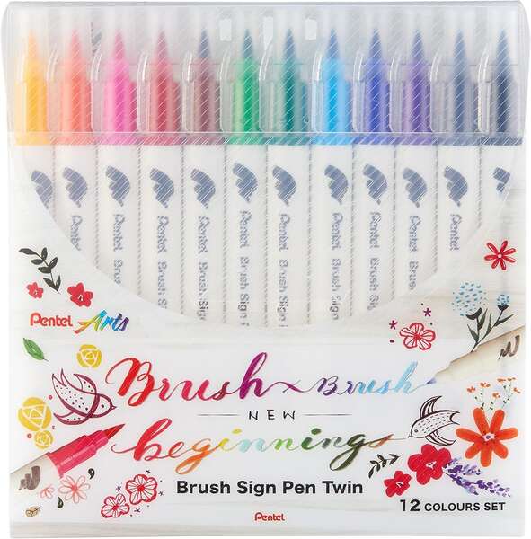 Pentel Brush Sing Pen Twin Pack de 12 Rotuladores con Doble Punta de Pincel Flexible - Punta Ancha 1