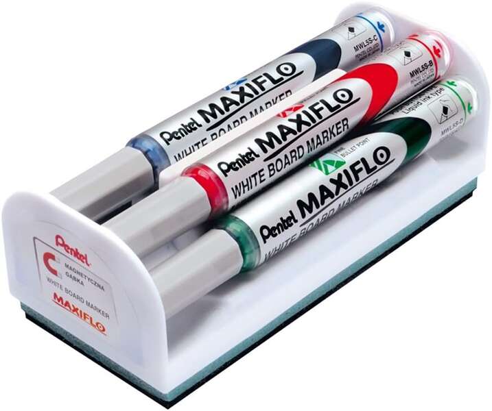 Pentel Maxiflo Pack de 4 Rotuladores para Pizarra Blanca + Borrador Magnetico - Punta de Bala - Anch