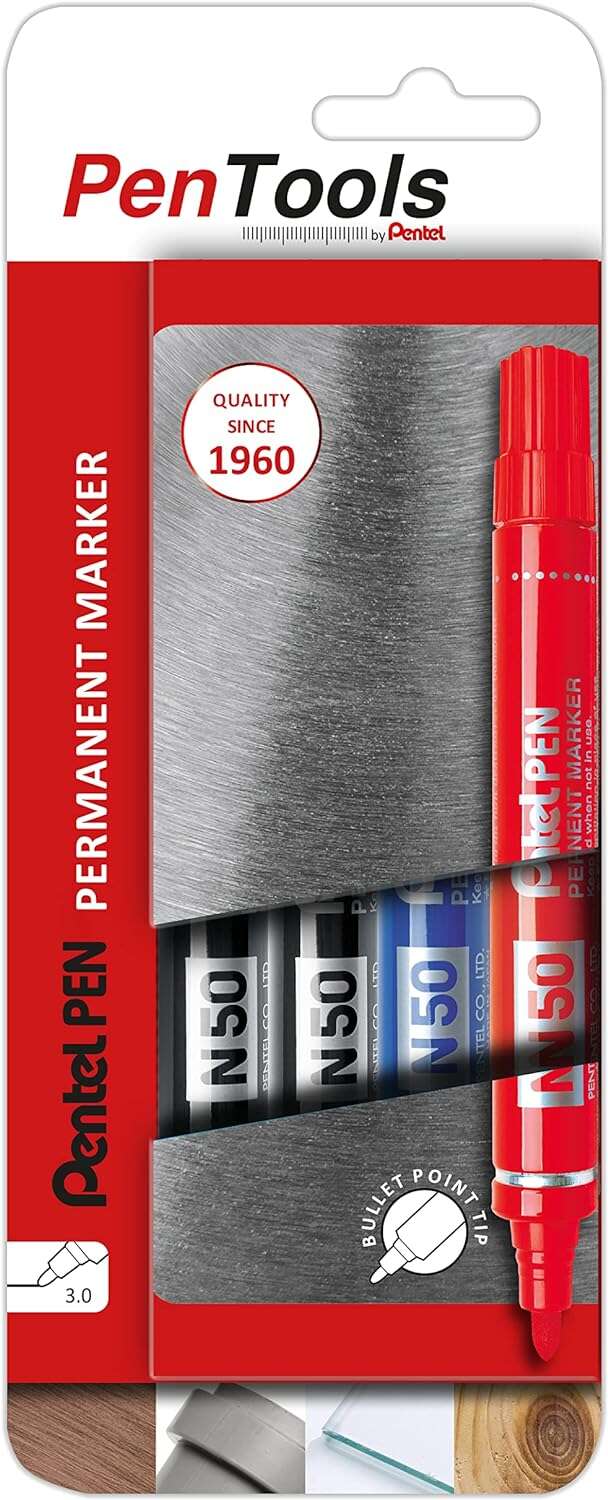 Pentel PenTools Pack de 4 Rotuladores Permanentes Industriales Pentel Pen N50 - Punta Conica Resiste