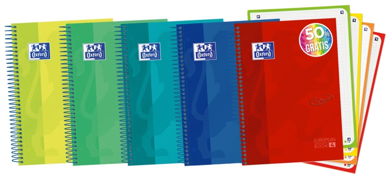 Oxford School Touch A5+ Europeanbook - Tapa Extradura Resistente - 120 Hojas de Colores Vivos - Cuadricula 5x5 - Cantidad: 5