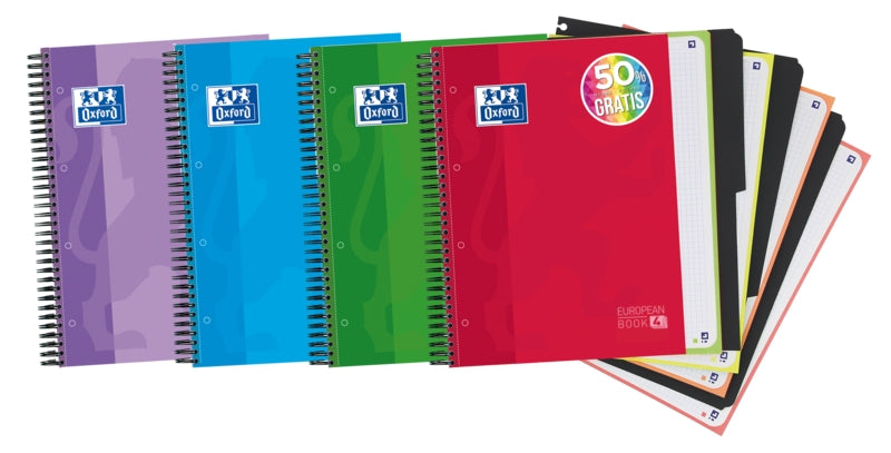 Oxford School Classic Europeanbook 4 Cuaderno Doble Espiral A4+ Cuadricula 5x5 - 120 Hojas Microperforadas 4 Taladros - Tapa Extradura Resistente - Incluye 3 Separadores - Colores Surtidos - Cantidad: 5