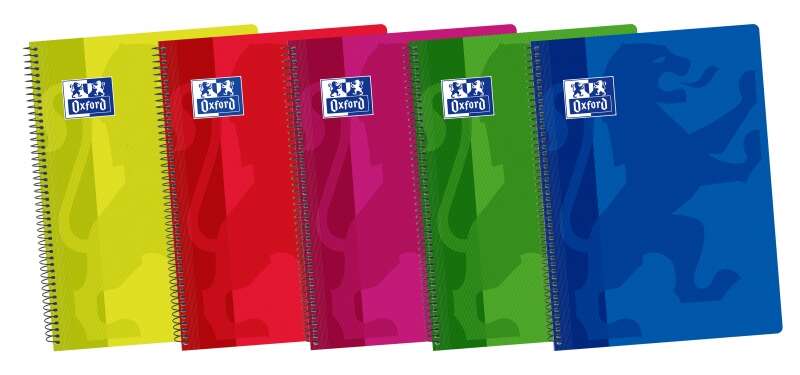 Oxford School Classic Cuaderno Espiral Folio 80 Hojas 1 Linea con Margen - Tapa de Plastico Resistente - Colores Surtidos - Cantidad: 5