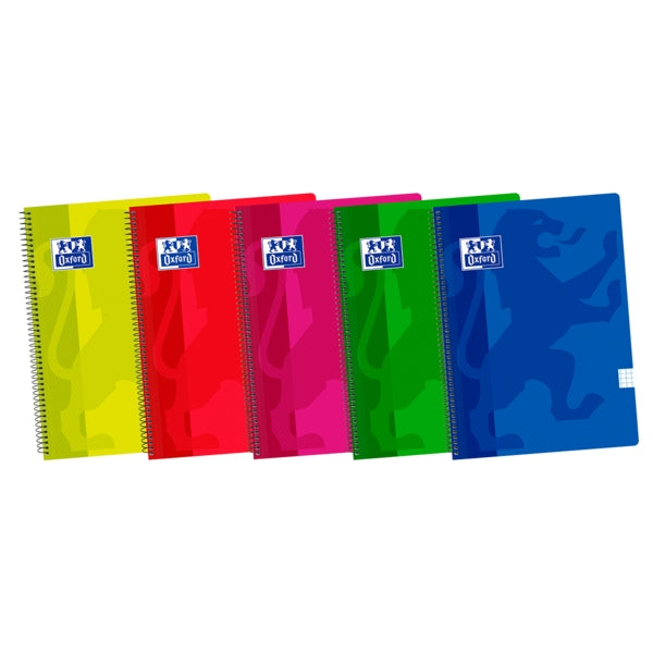 Oxford School Classic Fº Cuaderno Espiral - Tapa de Plastico Resistente - Cuadricula 5x5 con Margen - 80 Hojas - Colores Surtidos - Cantidad: 5