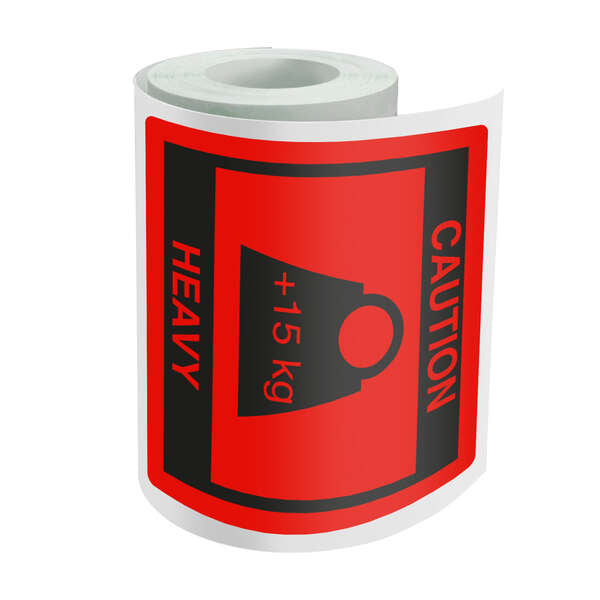 Dohe Rollo de 500 Etiquetas Adhesivas Caution - Heavy - 80x80mm - para Expedicion de Paquetes - Cantidad: 10