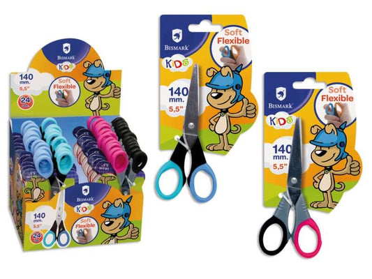 Bismark Kids Soft Flex Tijera Escolar 14cm - Hojas de Acero Inoxidable - Mangos Soft Flex - Punta Roma - 2 Diseños Surtidos - Cantidad: 24