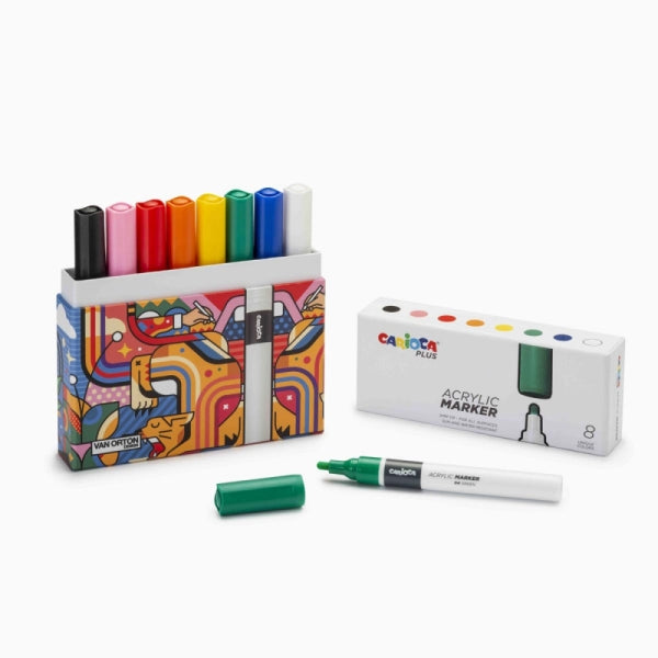 Carioca Plus Pack de 8 Marcadores Acrilicos en Caja Rigida - Punta 2mm - Tinta Acrilica Super Pigmen
