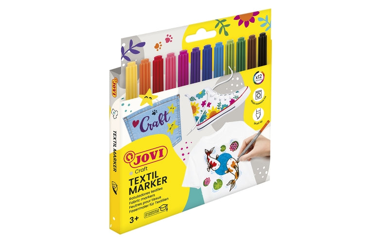 Jovi Textil Marker Estuche de 12 Rotuladores Textiles - Tinta Base Agua - Punta Pincel - Secado Rapi
