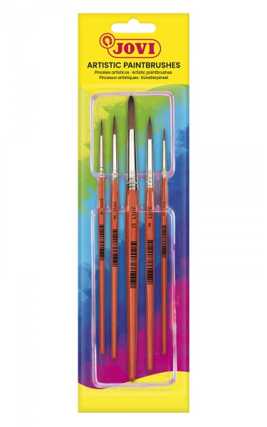 Jovi Artistic Paintbrushes Blister con 5 Pinceles Redondos - Pelo Natural - Mango de Madera - Calibr