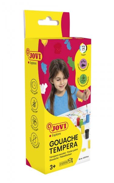 Jovi Gouache Tempera Estuche de 6 Botes 15ml + Pincel - Mezclables - para Papel, Cartulina, Madera,