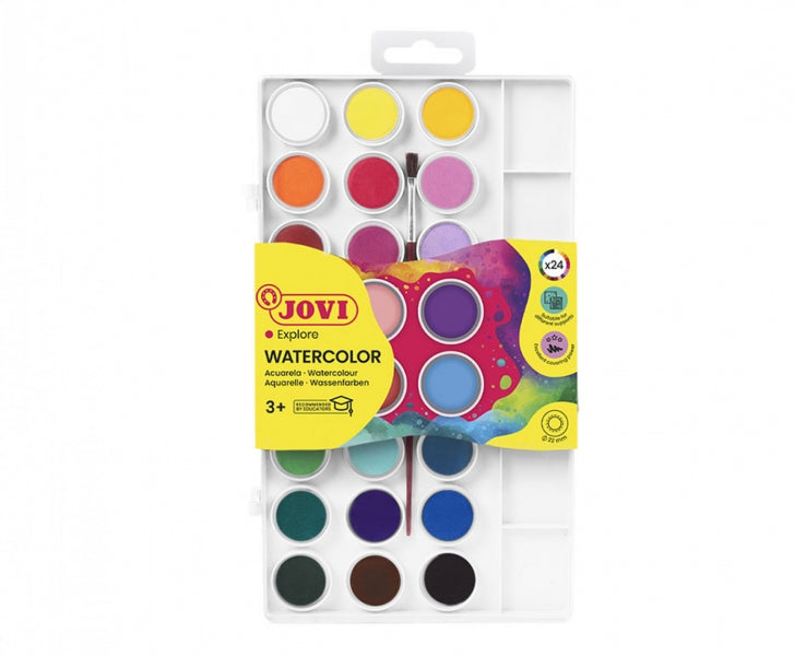 Jovi Pack de 24 Acuarelas en Pastilla + Pincel - Brillantes - Facilmente Mezclables - Colores Surtid