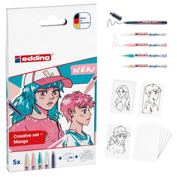 Edding Set Acrilico Manga Pack de 4 Rotuladores 5300 + 1 Rotulador 1800 + 6 Tarjetas en Blanco + 3 P