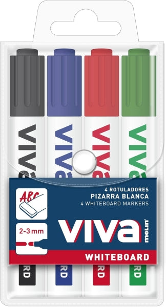 Molin Viva Pack de 4 Rotuladores para Pizarra Blanca - Punta Redonda de Fibra Sintetica - Trazo 3mm