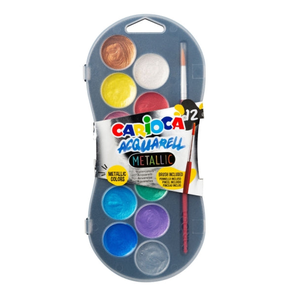 Carioca Acuarell Metallic Pack de 12 Acuarelas en Pastillas de Ø 30mm - Brillantes - Facilmente Mezc